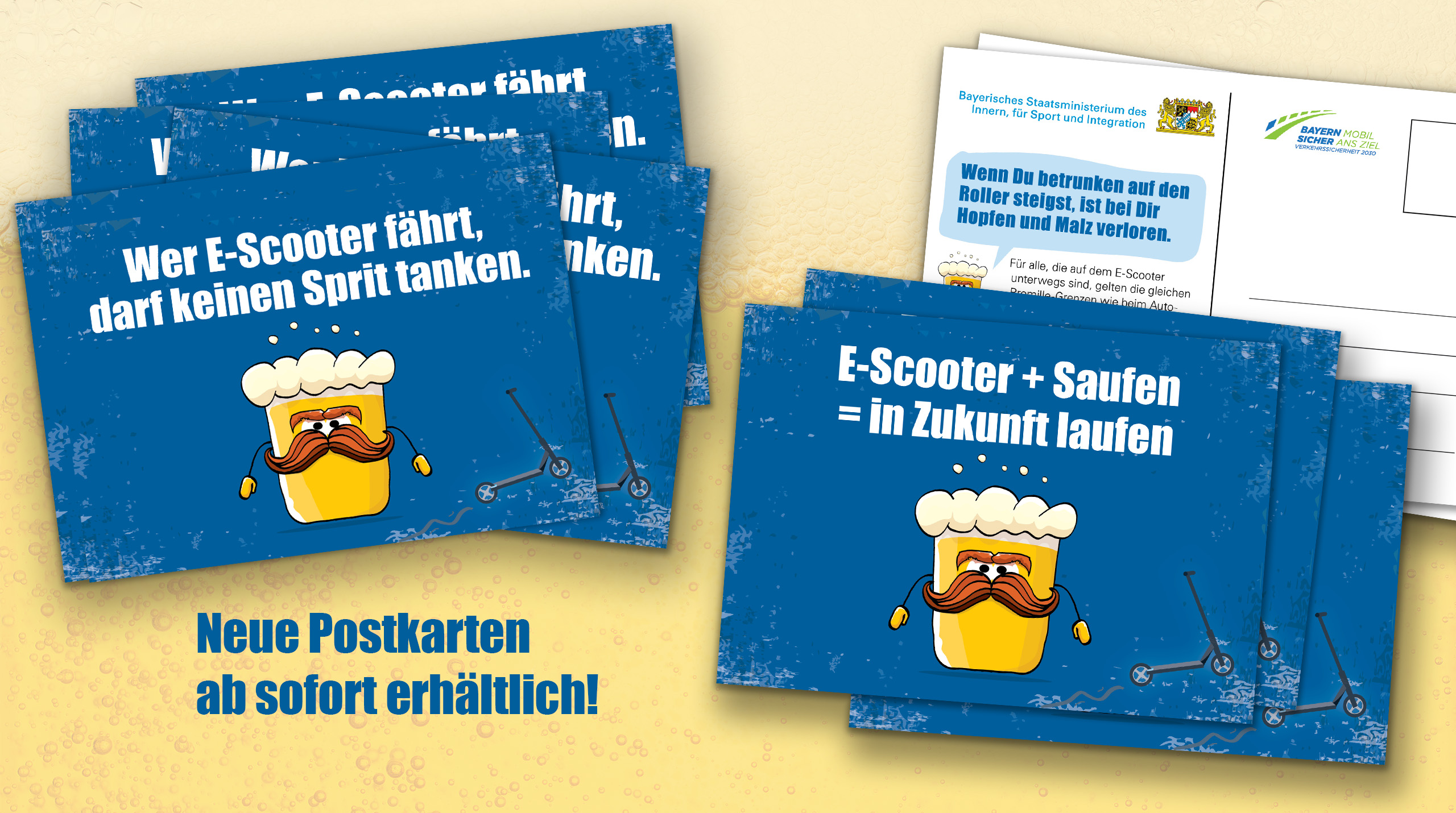 Neue Postkarten ab sofort erhältlich: "Wer E-Scooter fährt, darf keinen Sprit tanken." / "E-Scooter + Saufen = in Zukunft laufen"