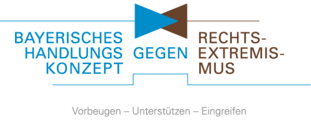 Das Bild zeigt das große Logo des Handlungskonzepts: "Bayerisches Handlungskonzept gegen Rechtsextremismus. Vorbeugen, Unterstützen, Eingreifen."